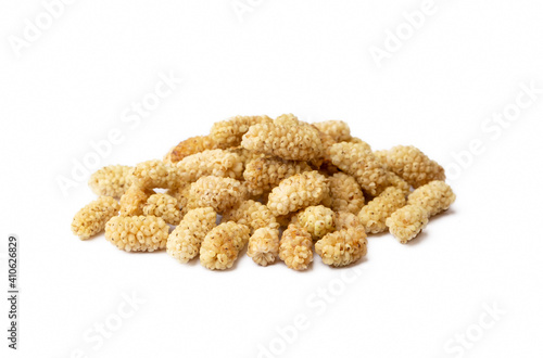 Dried white mulberry fruit on a white background