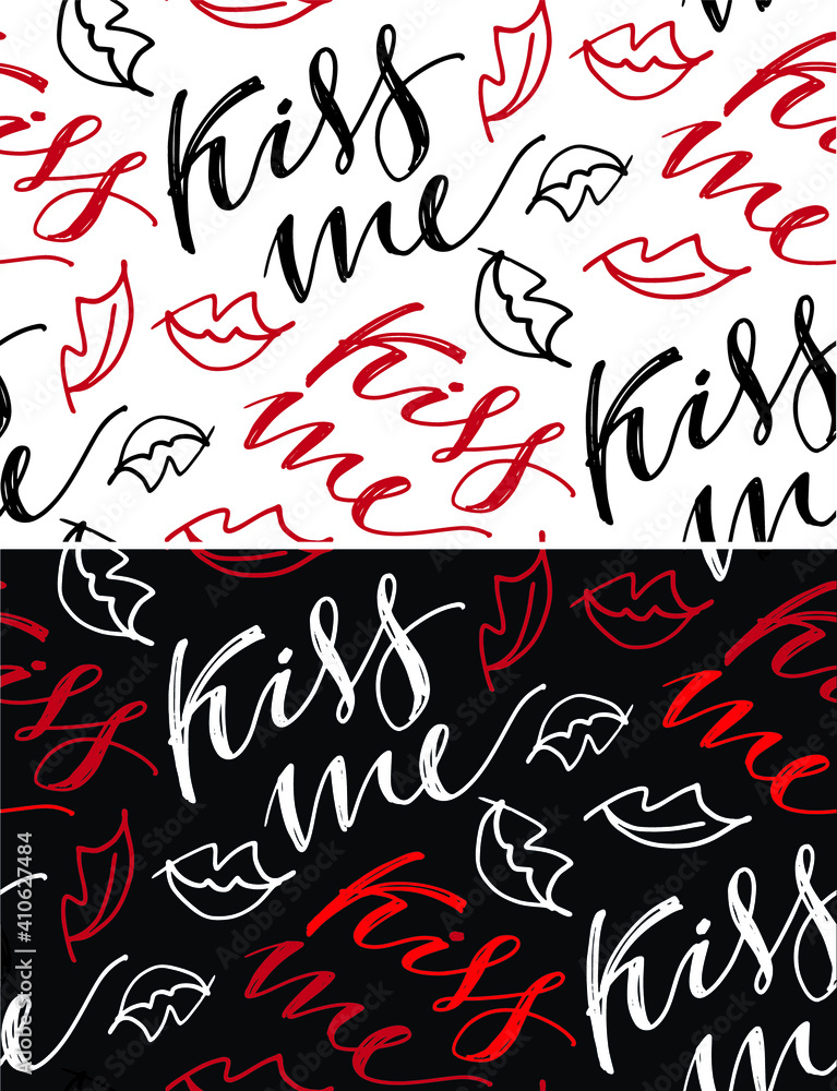 Naklejka premium Cute hand drawn doodle kiss pattern background. Happy Valentines Day - Love you - pattern - background. Kiss me.