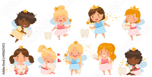 Cute Little Tooth Fairy with Baby Teeth and Wand Vector Set