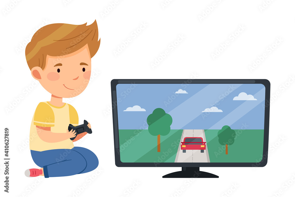 Cute Boy Sitting with Gamepad on the Floor and Playing Video Game Vector Illustration Cute Boy Sitting with Gamepad on the Floor and Playing Video Game Vector Illustration