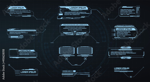 Callouts. Callout bar labels with titles in HUD style. Interface elements, UI, GUI. Info boxes hud templates. Futuristic set advertising communication. Vector illustration