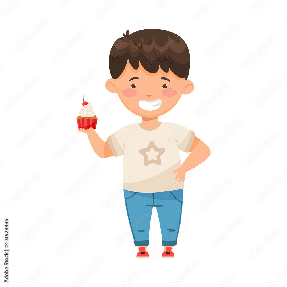 Little Boy Holding Cupcake with Whipped Cream Vector Illustration Little Boy Holding Cupcake with Whipped Cream Vector Illustration