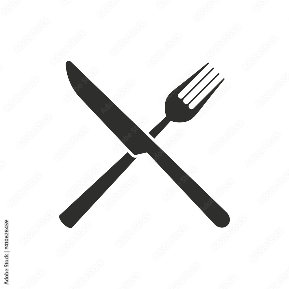 Monochrome cutlery set of crossed fork and knife. Restaurant icon. - obrazy, fototapety, plakaty 