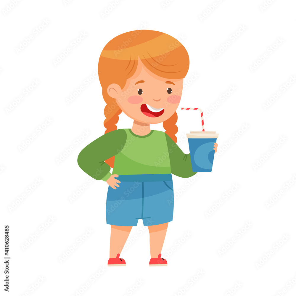 Funny Girl Holding Glass with Soda Drink and Straw Vector Illustration Funny Girl Holding Glass with Soda Drink and Straw Vector Illustration