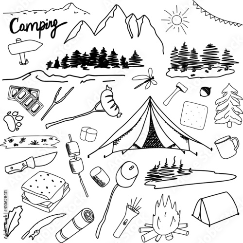 Camping doodle set. Vector illustration. Travel collection