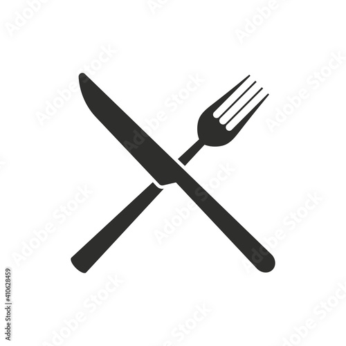 Monochrome cutlery set of crossed fork and knife. Restaurant icon.