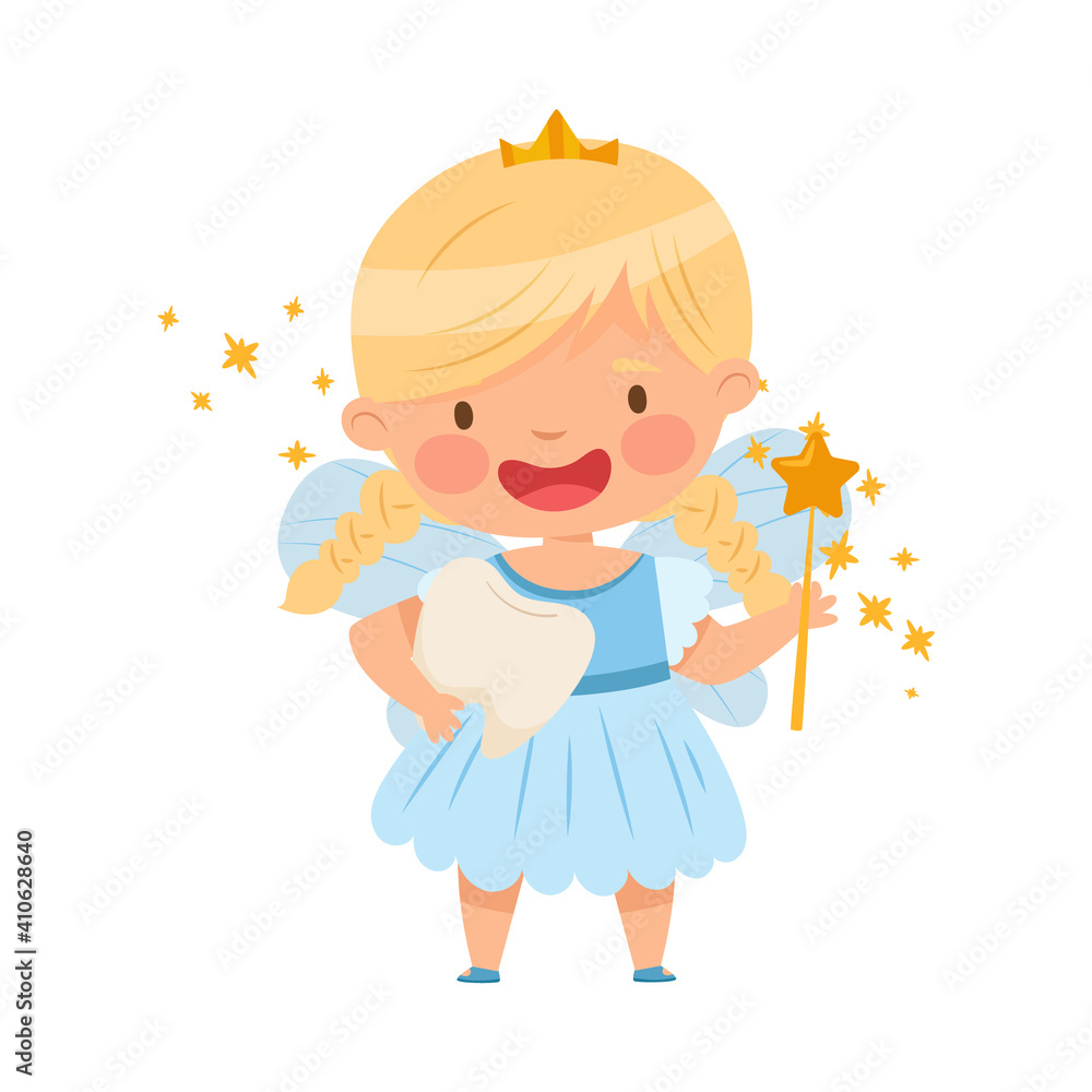 Cute Little Tooth Fairy with First Baby Tooth and Wand Vector Illustration Cute Little Tooth Fairy with First Baby Tooth and Wand Vector Illustration