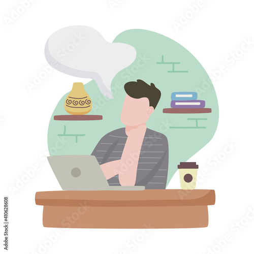man dreaming in the workplace with laptop character
