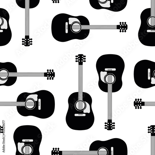 Acoustic guitar vector seamless pattern background. Black and white musical string instrument backdrop. High contrast monochrome design. Geometric repeat for music lesson or festival concept