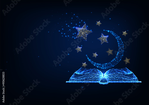 Futuristic storytelling, mystery stories concept with glowing low polygonal book, stars and moon