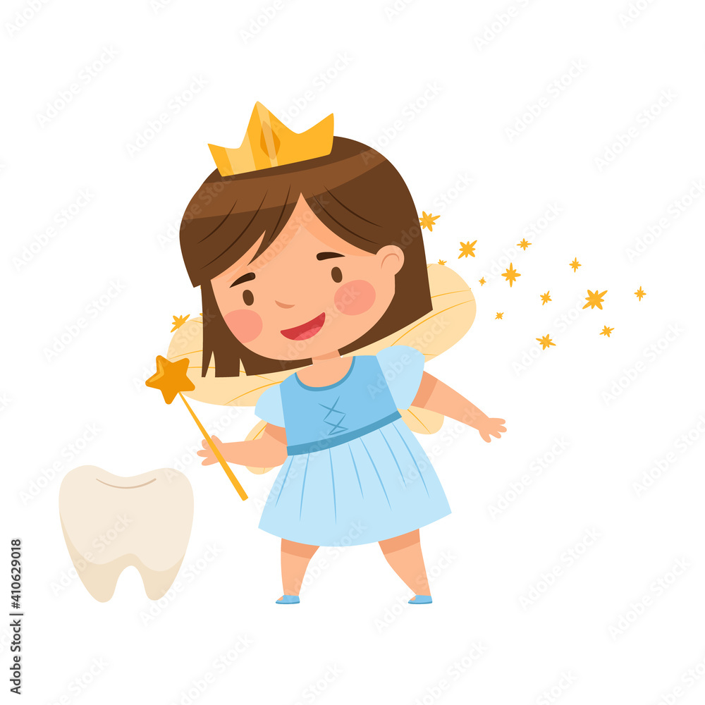 Little Tooth Fairy with Milk Baby Tooth and Wand Vector Illustration Little Tooth Fairy with Milk Baby Tooth and Wand Vector Illustration