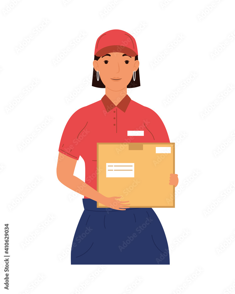 delivery service female worker lifting box carton delivery service female worker lifting box carton
