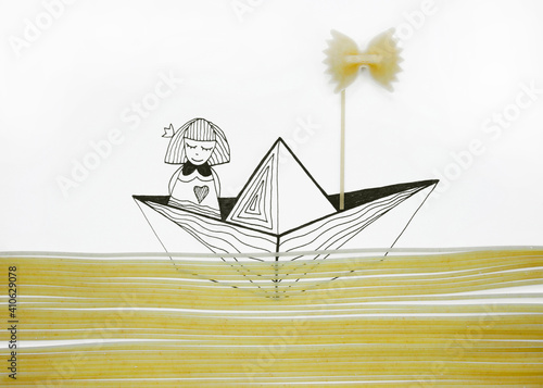 An illustration of a girl floating in a boat in a sea of real raw pasta