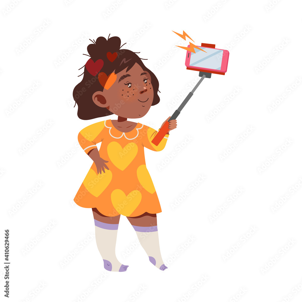 Smiling Girl with Freckles Holding Selfie Stick Taking Photo Vector Illustration Smiling Girl with Freckles Holding Selfie Stick Taking Photo Vector Illustration