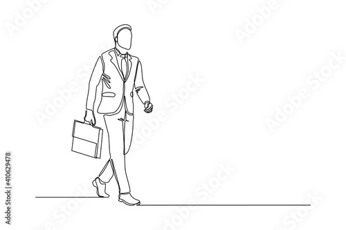 Continuous line drawing of happy young business man holding briefcase. Single one line art of office worker. Vector illustration