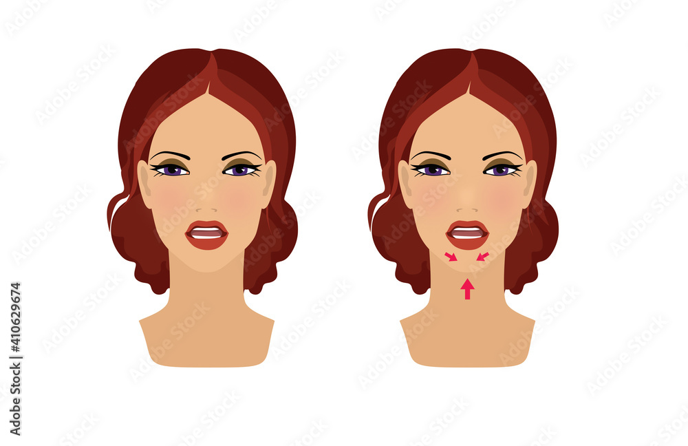 Exercises for beauty and youthfulness of the face and neck skin. Remove wrinkles. The girl trains the muscles of the face. Illustration isolated on white background Exercises for beauty and youthfulness of the face and neck skin. Remove wrinkles. The girl trains the muscles of the face. Illustration isolated on white background