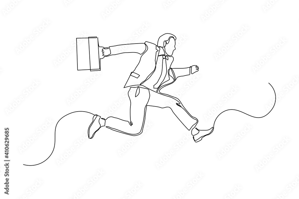 Continuous line drawing of happy young business jump and man holding briefcase. Single one line art of office worker. Vector illustration Continuous line drawing of happy young business jump and man holding briefcase. Single one line art of office worker. Vector illustration