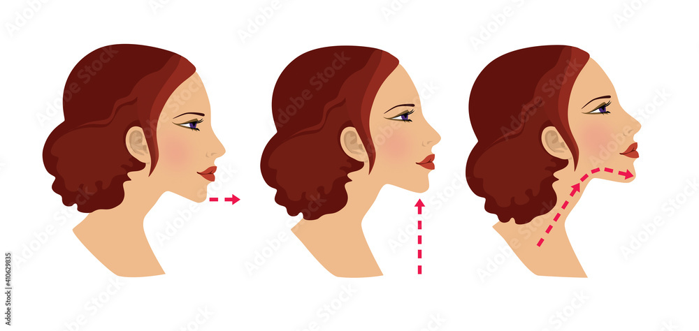 Exercises for beauty and youthfulness of the face and neck skin. Remove wrinkles. The girl trains the muscles of the face. Illustration isolated on white background Exercises for beauty and youthfulness of the face and neck skin. Remove wrinkles. The girl trains the muscles of the face. Illustration isolated on white background