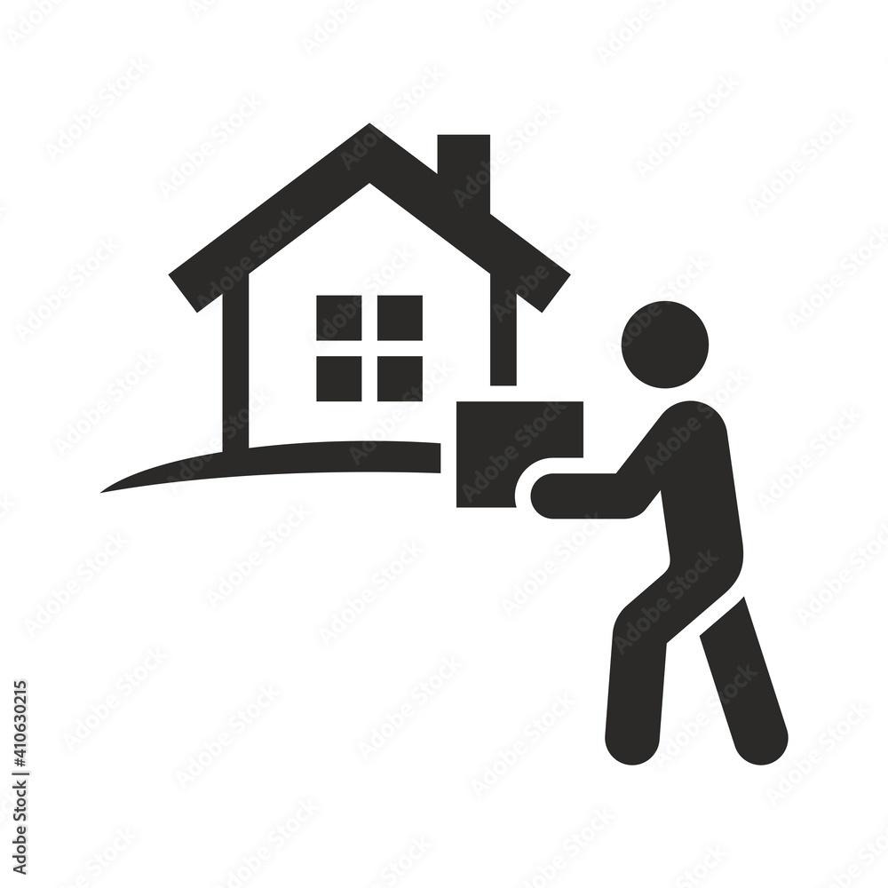 Home delivery icon. Delivery man holding box. Delivery service. Online shopping. Vector icon isolated on white background. Home delivery icon. Delivery man holding box. Delivery service. Online shopping. Vector icon isolated on white background.