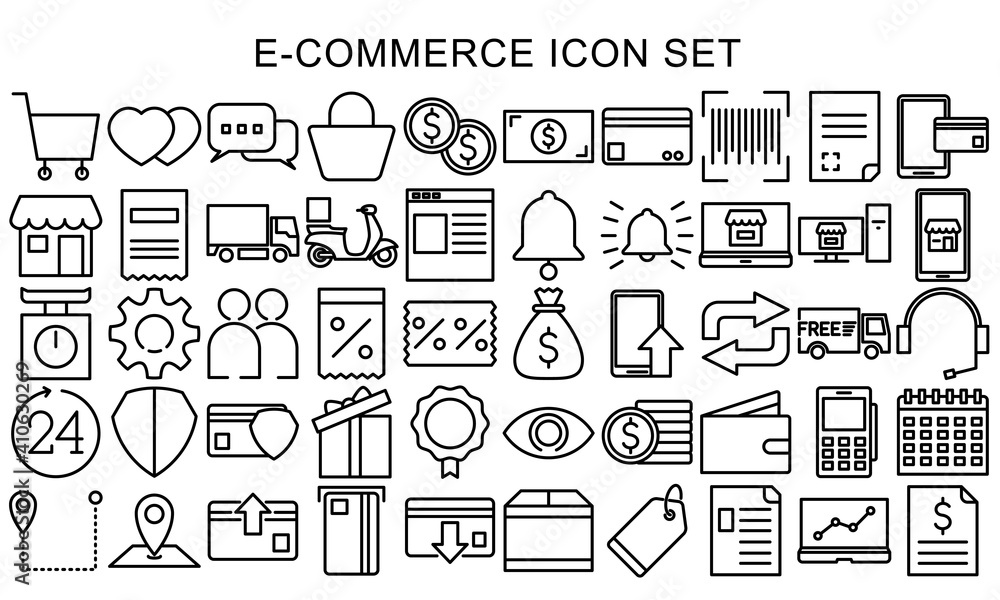 E-commerce business and Online shopping icons collection set, Symbol black outline design for application and websites on white background, Vector illustration EPS 10 E-commerce business and Online shopping icons collection set, Symbol black outline design for application and websites on white background, Vector illustration EPS 10