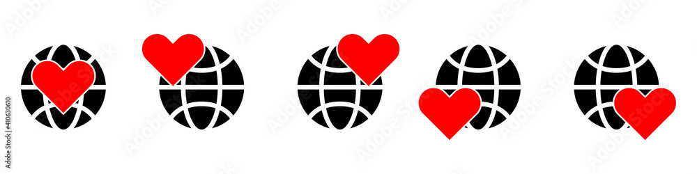 Vector planet earth icon with heart symbol. Vector set of globes icons in flat style. World health day concept. Vector illustration.