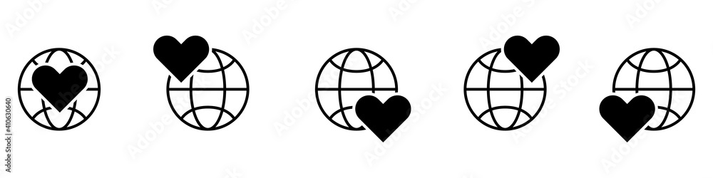 Vector planet earth icon with heart symbol. Vector set of linear icons of globes in flat style. World health day concept. Vector illustration. Vector planet earth icon with heart symbol. Vector set of linear icons of globes in flat style. World health day concept. Vector illustration.