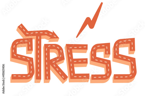 The word stress in cartoon style is isolated on a white background. Vector illustration of lettering with a zipper, three-dimensional decorated letters for illustrations of stress and tired people
