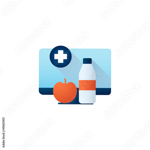 Nutrition therapy online flat icon. Tele diet website, application. Nutritionist virtual consultation. Telehealth. Telemedicine, health care concept. Color vector illustration with shadow