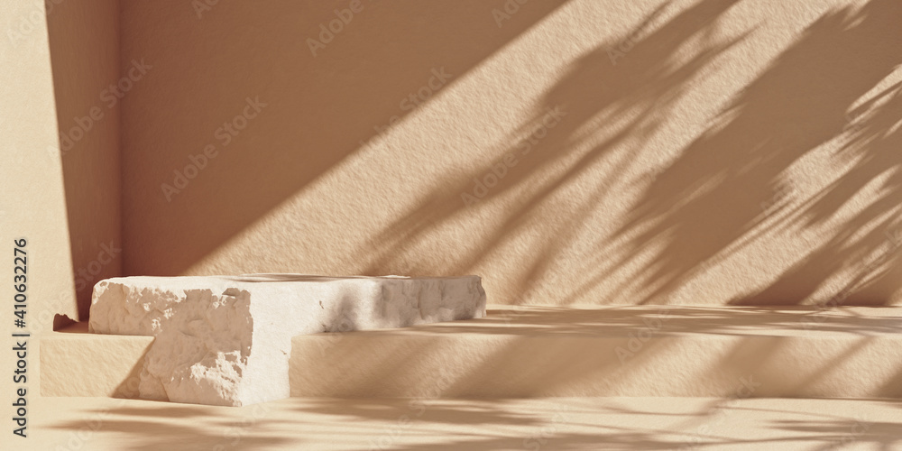 Minimal abstract cosmetic background with stone product podium. Sunshade shadow on the beige wall. Product display background mockup. 3d rendering. Minimal abstract cosmetic background with stone product podium. Sunshade shadow on the beige wall. Product display background mockup. 3d rendering.