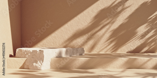 Minimal abstract cosmetic background with stone product podium. Sunshade shadow on the beige wall. Product display background mockup. 3d rendering.