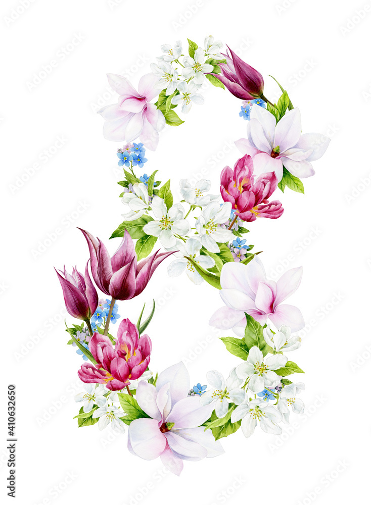 Fototapeta premium Watercolour illustration. The number eight is collected from spring flowers. Watercolour magnolias, tulips, apple blossoms and forget-me-nots.