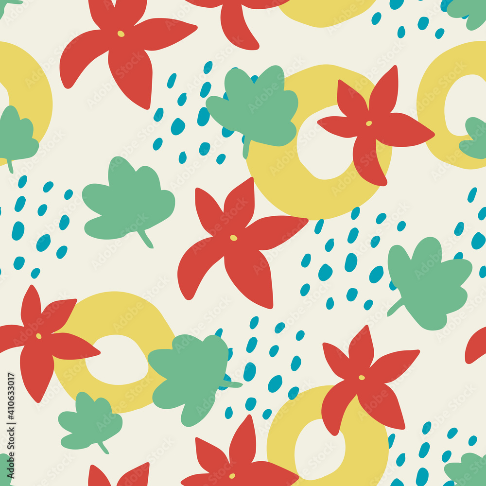 Cute cartoon messy flowers, dots, shapes seamless pattern. Modern geometric shapes background. Cute cartoon messy flowers, dots, shapes seamless pattern. Modern geometric shapes background.