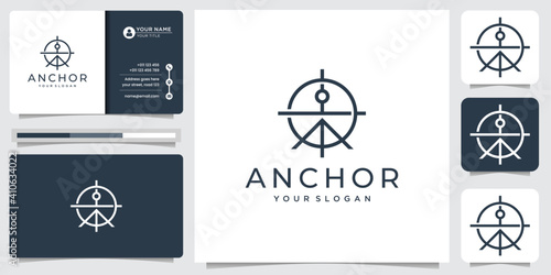 line art anchor logo design with concept target logo design. unique symbol anchor ,icon for business company and business card vector template. premium vector