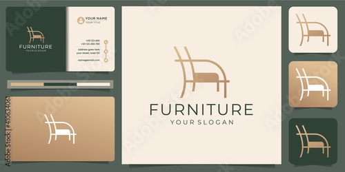 furniture logo chair for store interior design. minimal design chair with icon and business card vector template. Premium Vector