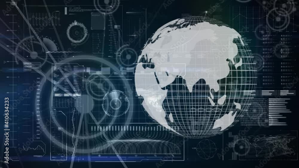 Animation of a globe spinning with graphs data and information Animation of a globe spinning with graphs data and information