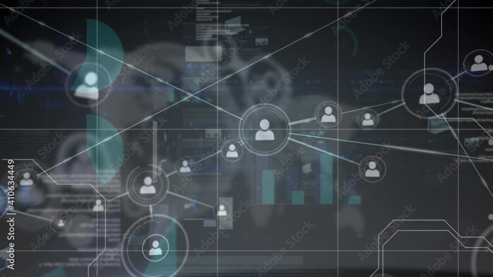 Animation of connected people icons with moving graphs data and information over a grid Animation of connected people icons with moving graphs data and information over a grid