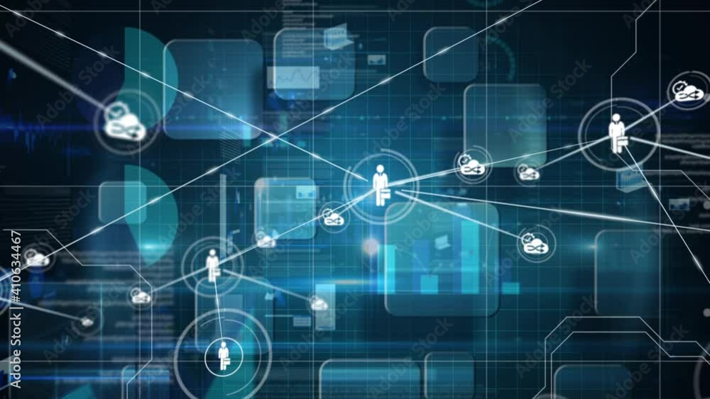 Animation of people icons connected with data and information moving over a grid Animation of people icons connected with data and information moving over a grid