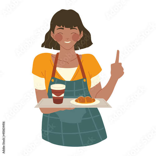 friendly smiling waitress holding a tray with food