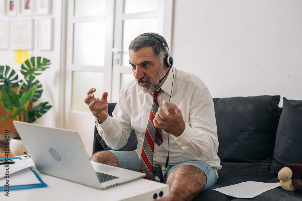 man having web conference from his home. quarantine concept man having web conference from his home. quarantine concept