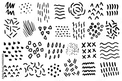 Abstract doodle collection of different shapes, brush strokes, patterns. Hand drawn set of Memphis elements. Vector illustration.