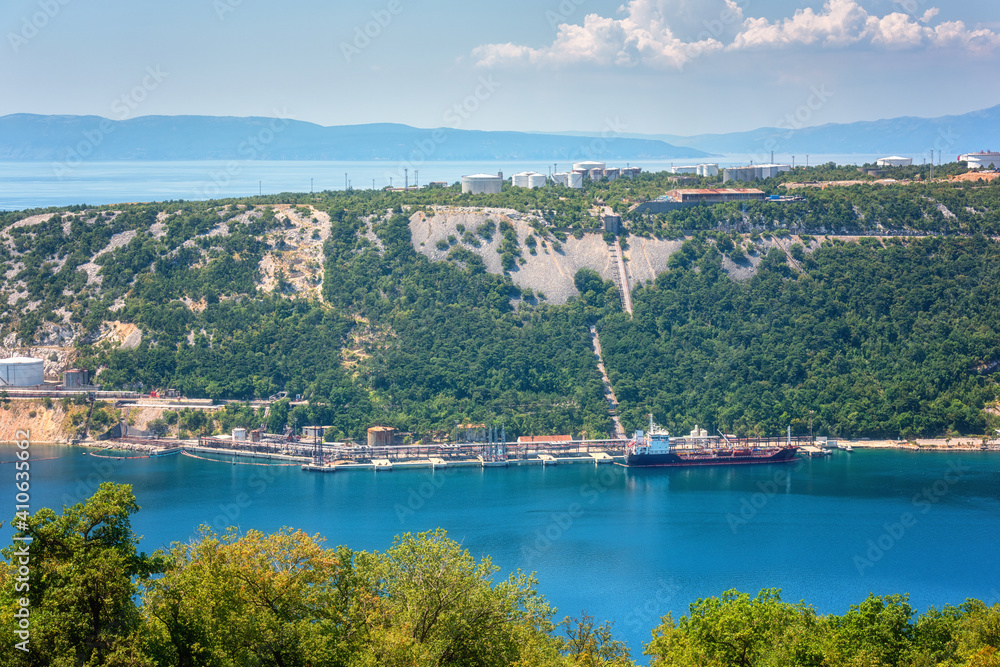 Oil refinery near Rijeka, Croatia. Summer landscape and industrial panoramic view