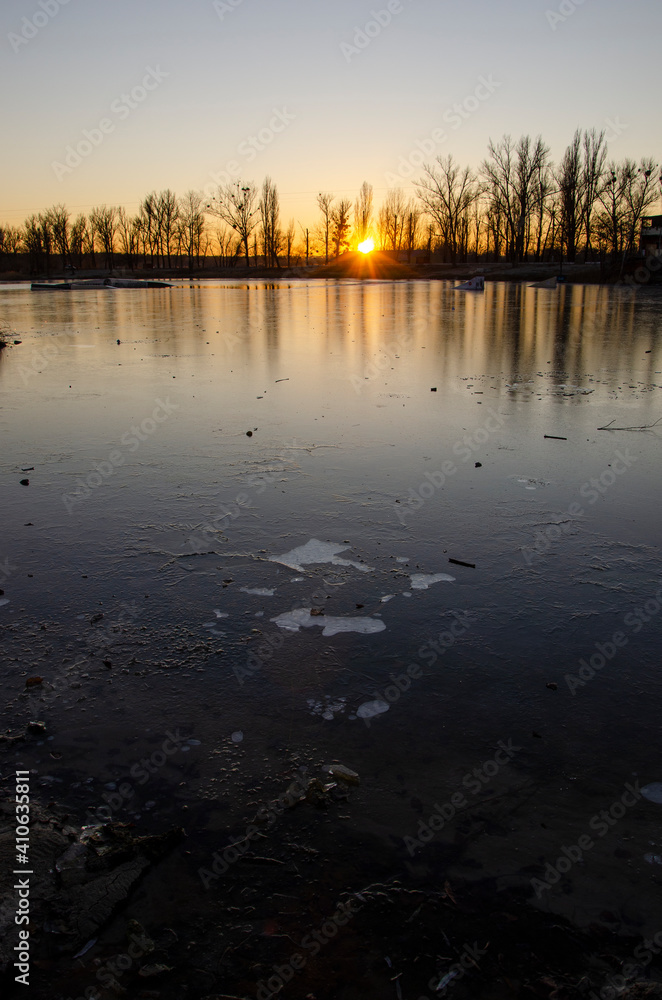 Sunset on a beautiful lake in winter