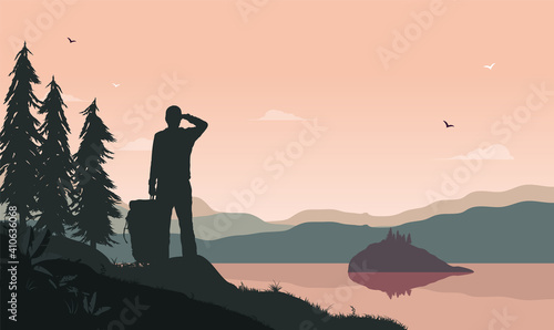 Young male in nature enjoying view of landscape and lake. Hiking and travel background with copy space for text. Vector illustration.