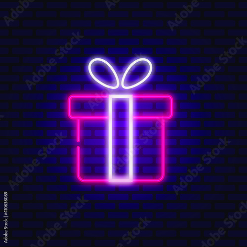 Gift box icon neon sign. Bright glowing symbol on brick wall background. Vector illustration 
