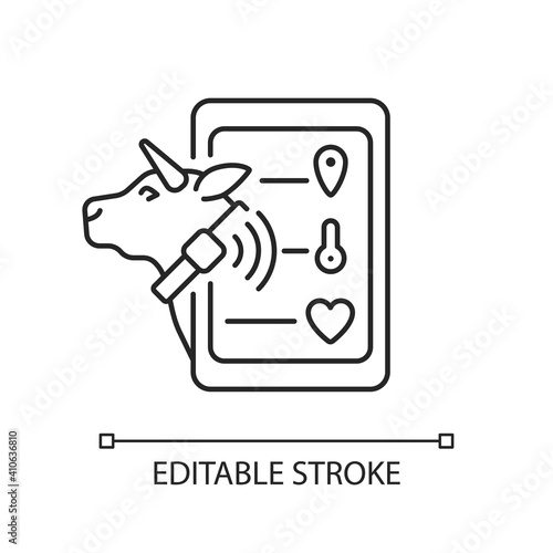 Livestock monitoring linear icon. Cattle tracking system. Cow location monitor. Smart agritech. Thin line customizable illustration. Contour symbol. Vector isolated outline drawing. Editable stroke