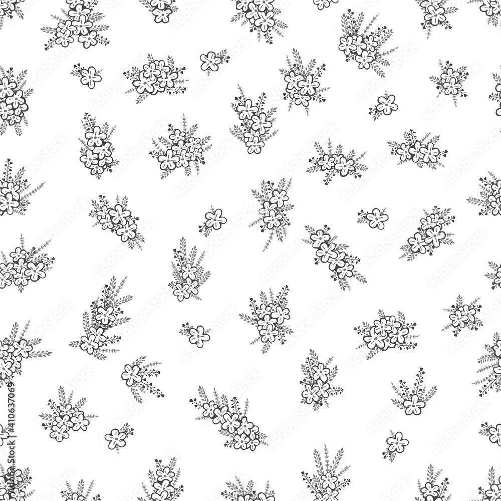 Vector seamless pattern with hand drawn flowers. Floral monochrome backgrounds.