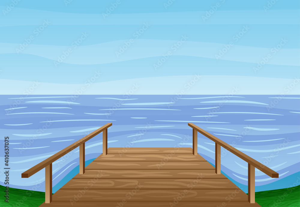 Obraz premium Summer illustration with wooden bridge by the water.