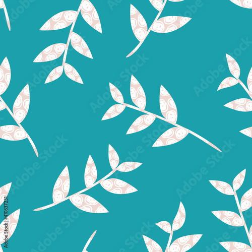 Mono print style scattered leaf stems seamless vector pattern background. Lino cut effect textured scattered foliage on aqua blue backdrop. Minimal modern repeat. All over print for nature concept.