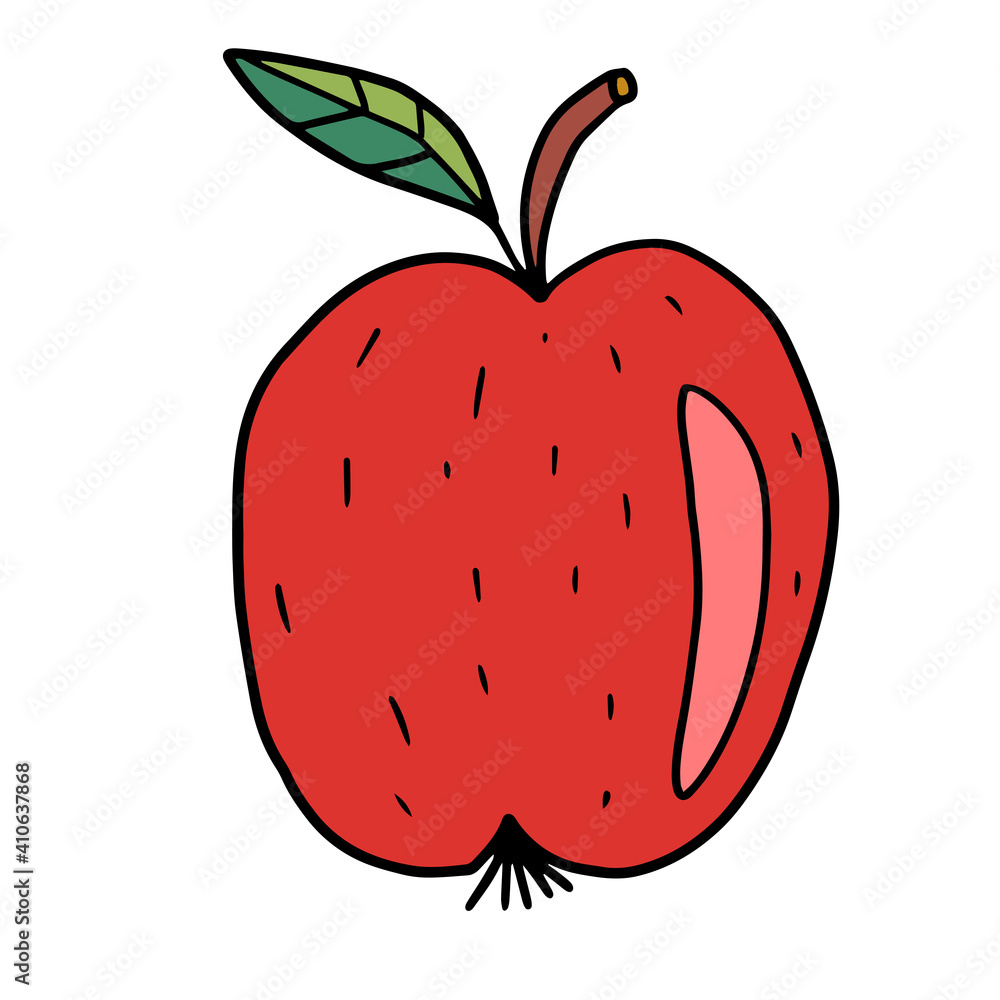 Fototapeta premium Cute hand drawn doodle big apple with leaf isolated on white background. Food or snack.
