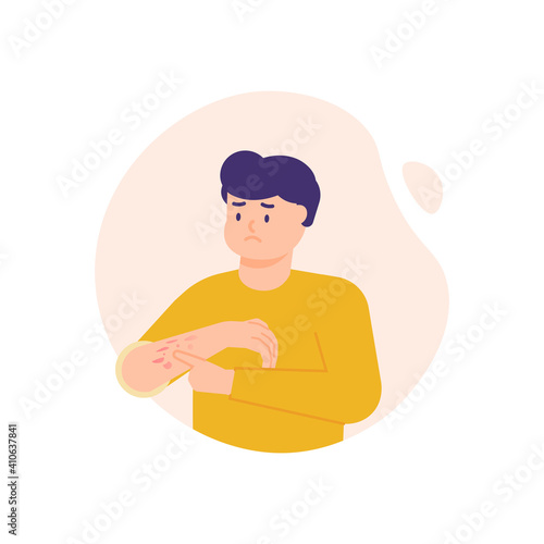 a man has a rash on the hands and itching on the hands, developing red patches. illustration of a person scratching his arm. the expression on the face of an uncomfortable person. flat style. vector